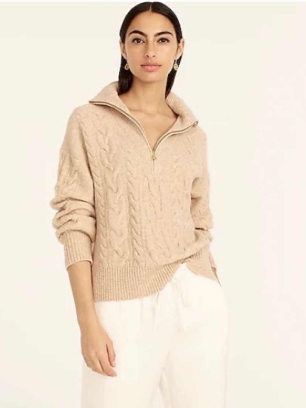 J. Crew Cable Knit Half Zip Sweater in Superdoft Yarn Tan Women’s L Thick Soft